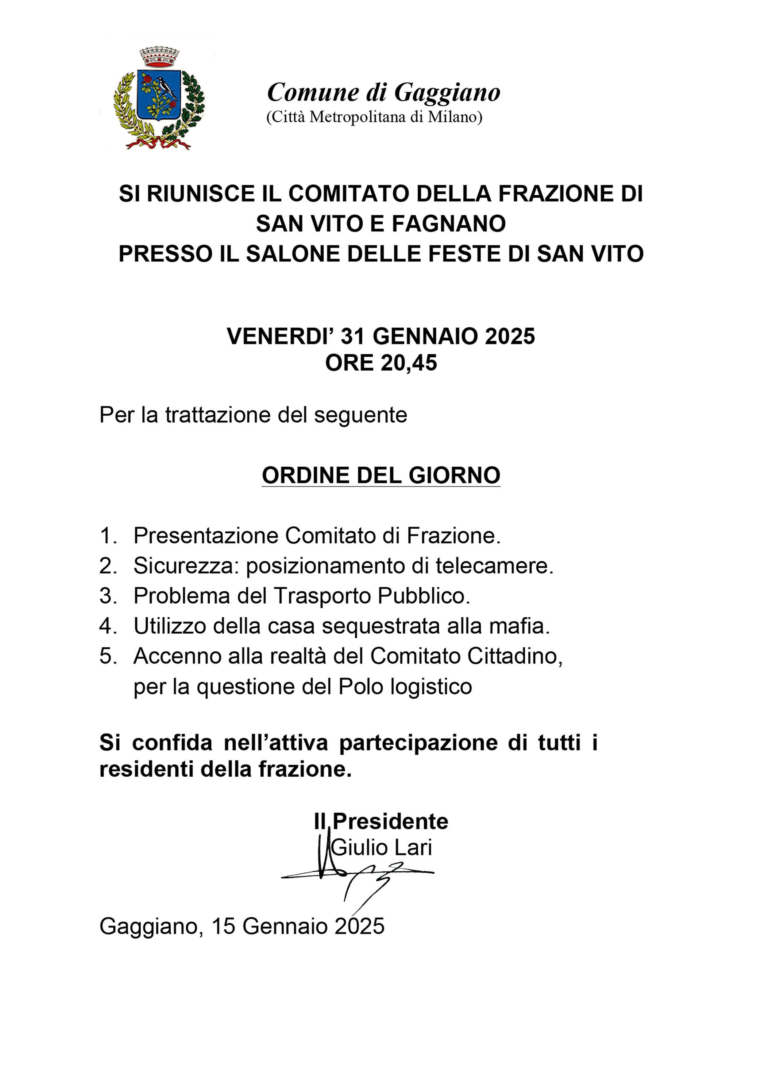 Comitato di Frazione San Vito e Fagnano - assemblea 31/01/2025