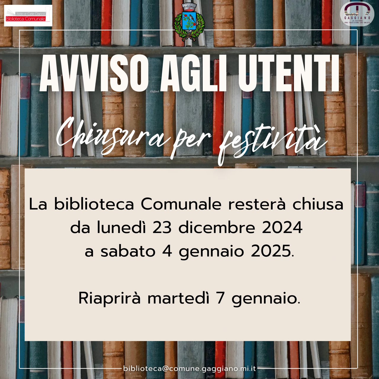 Avviso chiusura Biblioteca comunale - Festività Natalizie 2024