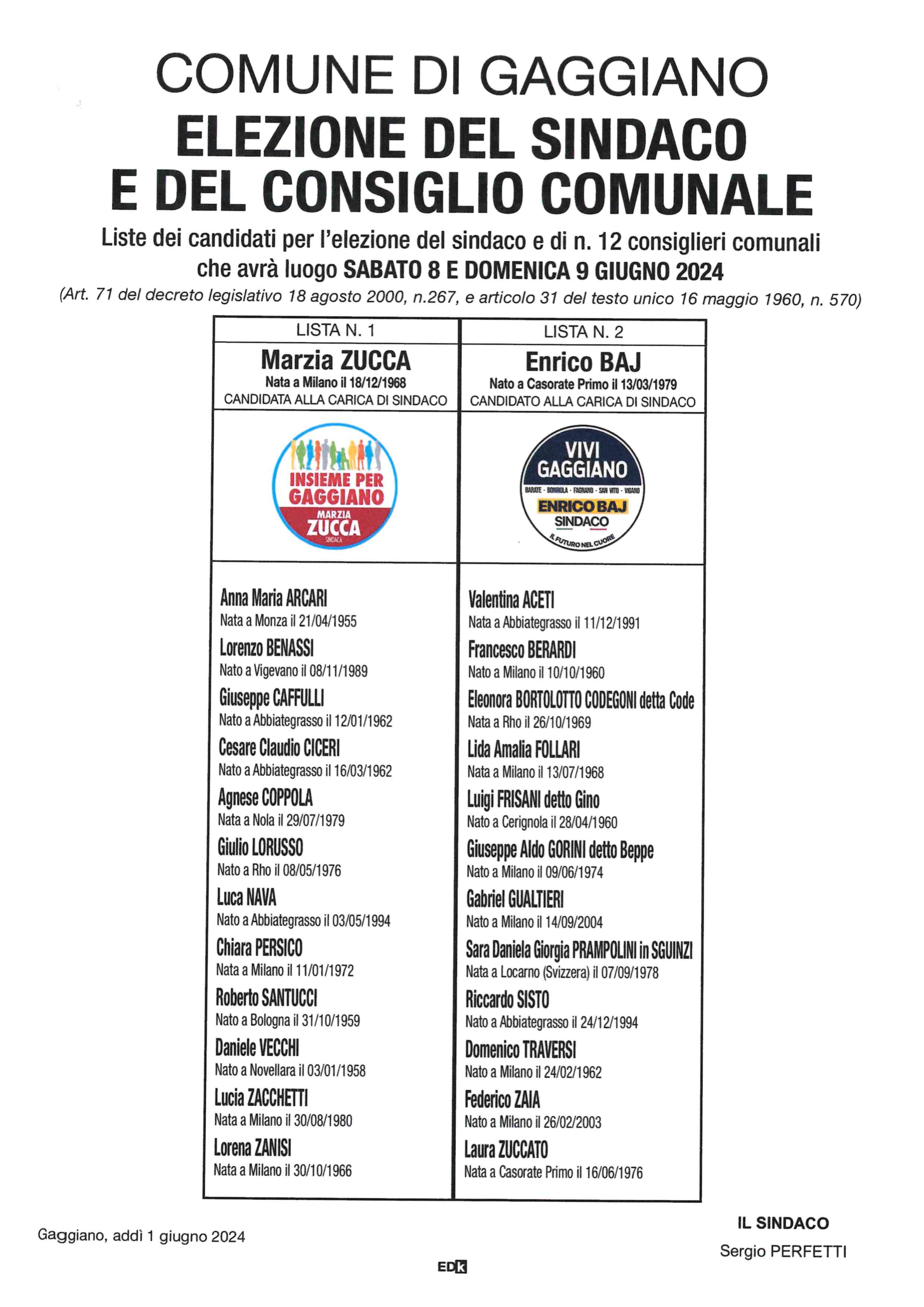 Elezione del Sindaco e del Consiglio Comunale - 8 e 9 giugno 2024 - manifesto con lista dei candidati