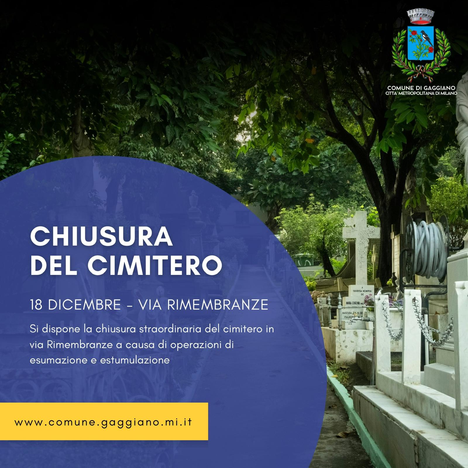 Chiusura cimitero comunale di Via Rimembranze per operazioni di esumazione ed estumulazione straordinaria - giorno Mercoledì 18 dicembre 2024