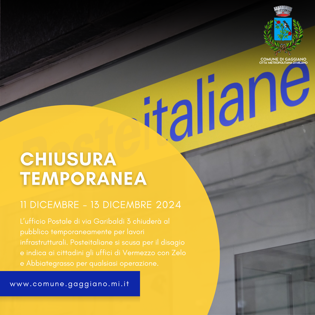 Chiusura temporanea Ufficio Postale di Gaggiano