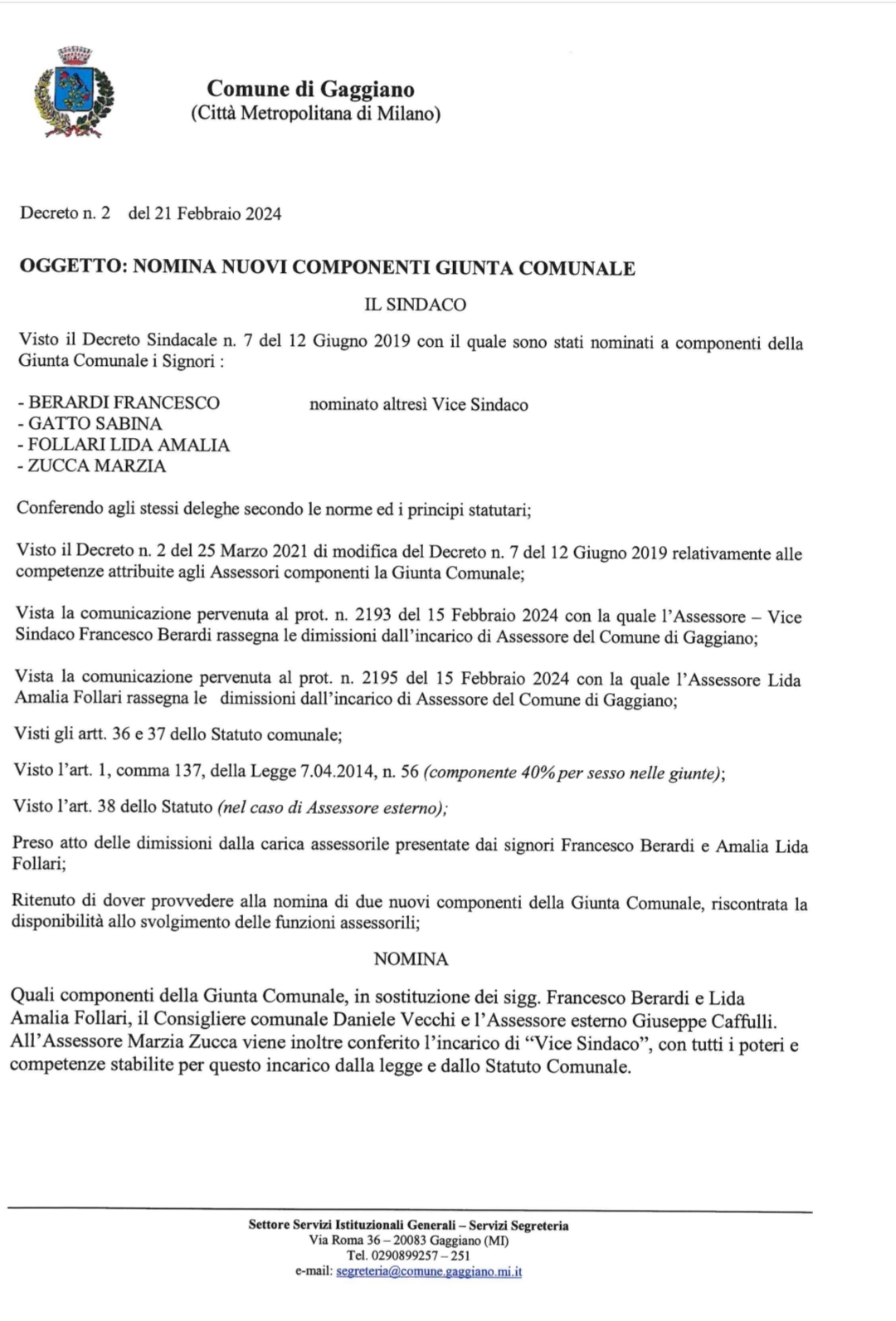 Nomina nuovi componenti Giunta Comunale