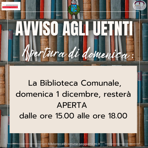 Avviso apertura Biblioteca comunale – 1 Dicembre