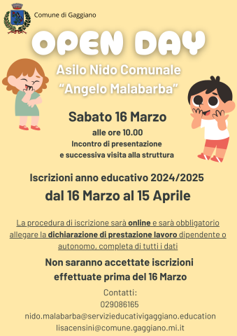 Open day Asilo Nido comunale "Angelo Malabarba" - anno educativo 2024/2025